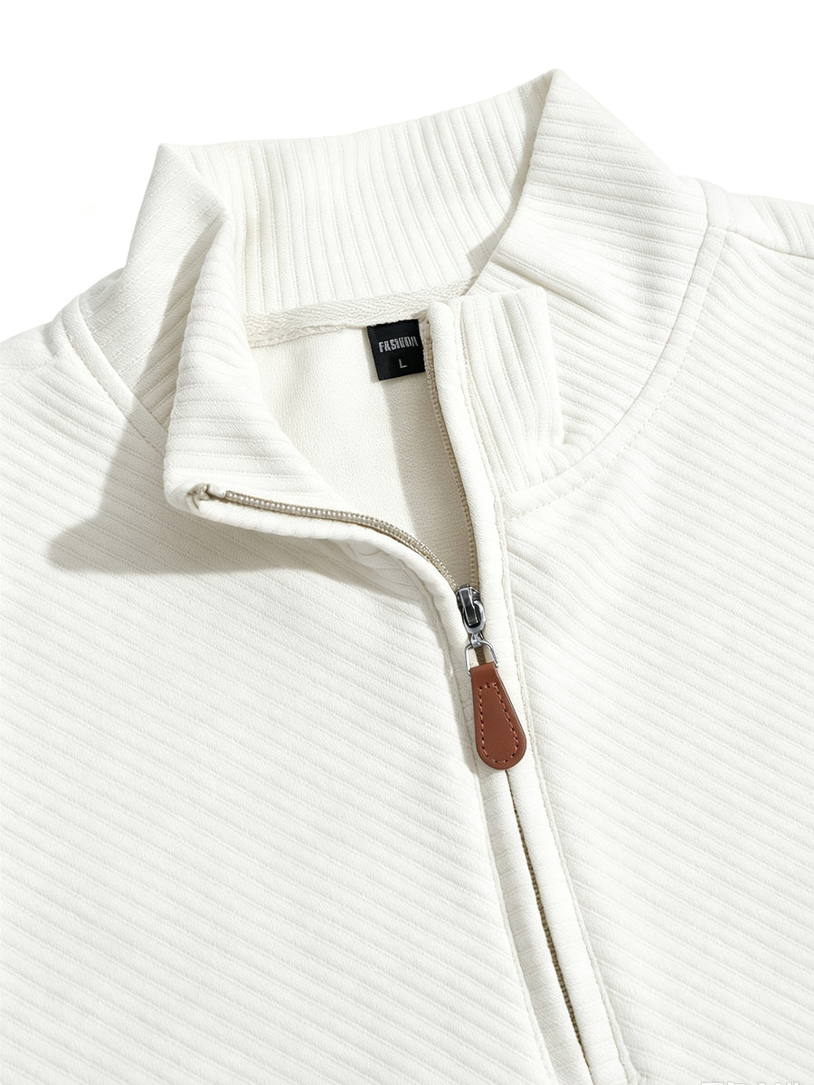 BOWZ Men's Casual Top, Solid Color Stand Collar Sweatshirt, Half-Zip Design, Warm Knit Henley Shirt, Skin-Friendly and Sweat-Absorbent, Simple, Casual, Fashionable, and Versatile, Men's Autumn/Winter Long-Sleeve Top, Suitable for Daily Leisure - White