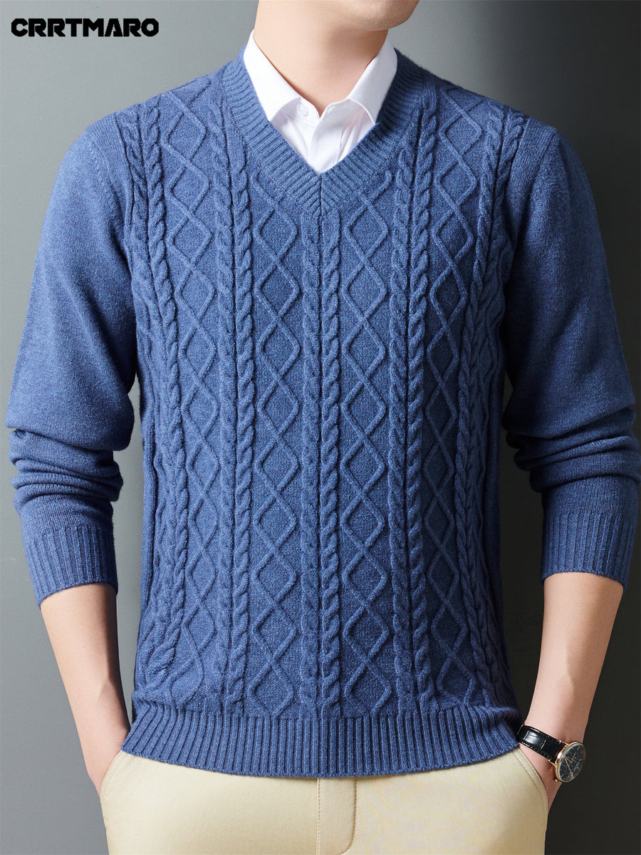 Cartama CRRTMARO Autumn/Winter Knitted 3D Solid Color V-Neck Sweater, Basic Thickened Pullover, Men's Fashion Knitwear Long Sleeve HH - Blue