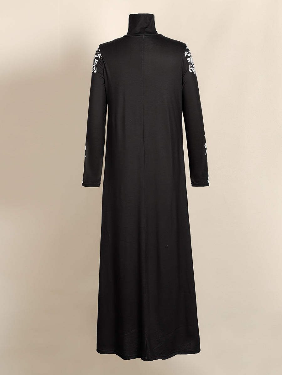 Women's Middle Eastern Long Robe Long Sleeve Crew Neck Elegant Floor-Length Printed Dress - Black