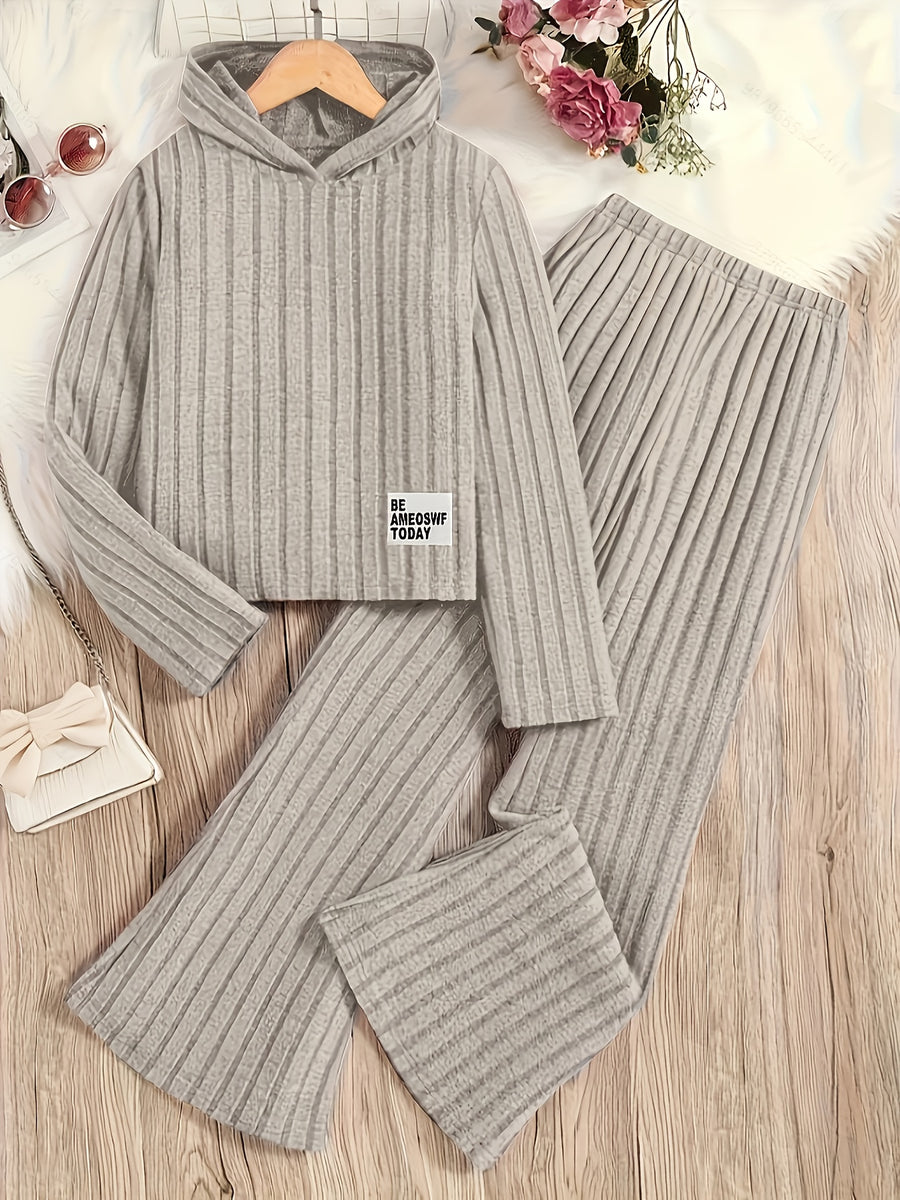 A Set of Women's Rib- Cable- Letter-appliqué Hoodie and Flared Pants - Apricot