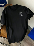Men'S 100% T-Shirt, Coffee Character Print, Soft Breathable Comfortable Casual, All-Season Daily Commute - Black