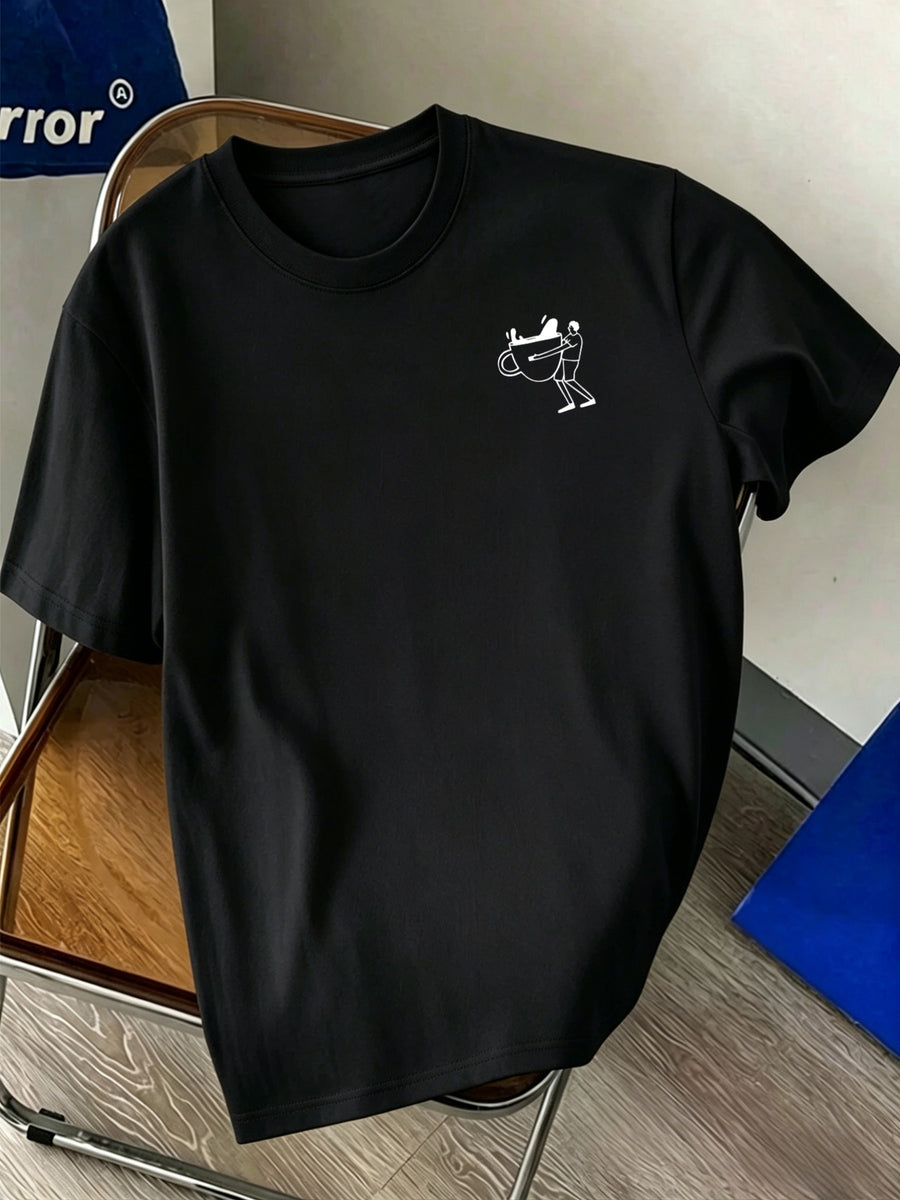 Men'S 100% T-Shirt, Coffee Character Print, Soft Breathable Comfortable Casual, All-Season Daily Commute - Black
