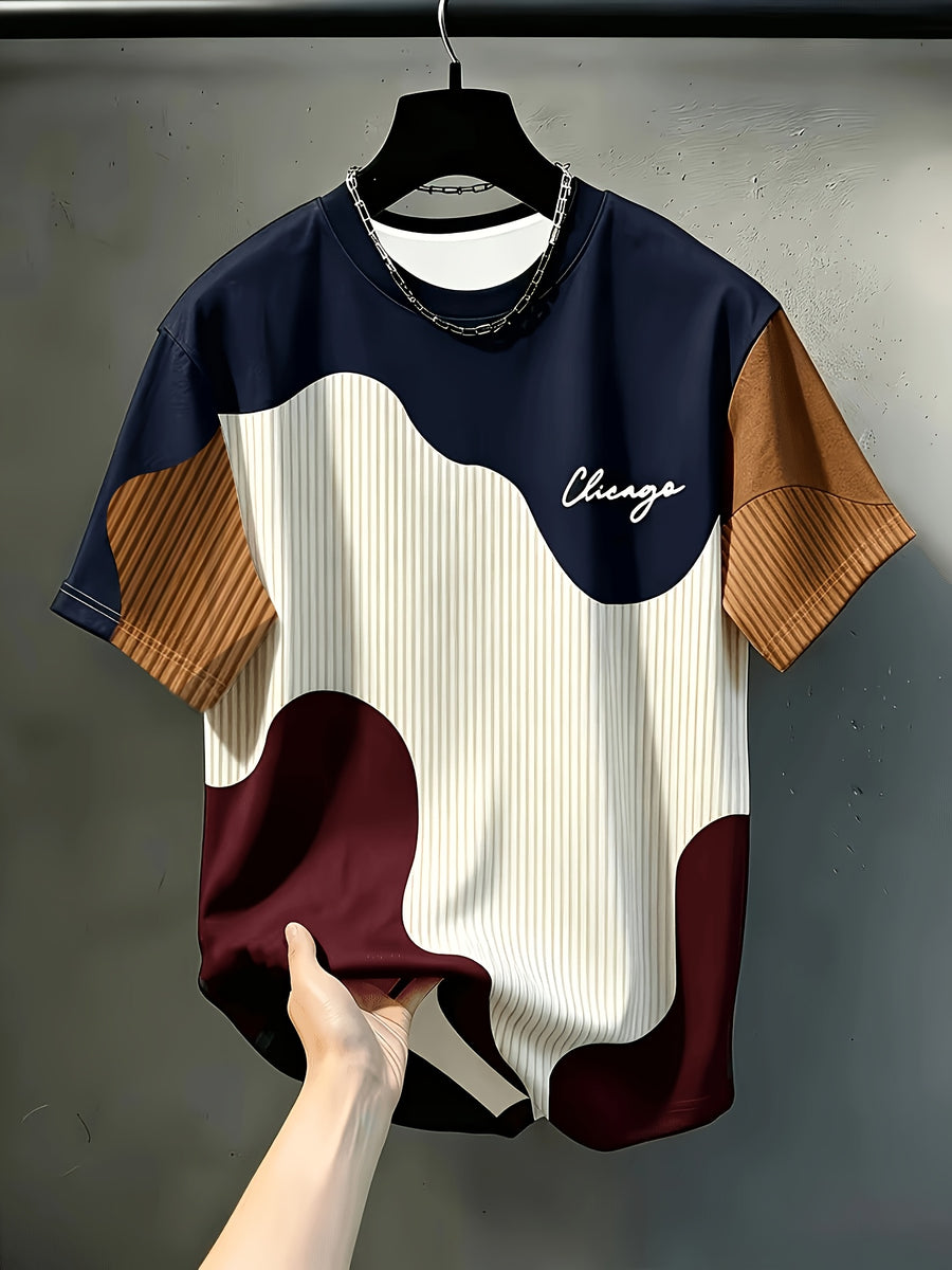 Men'S Casual Round Neck T-Shirt, Geometric Pattern Patchwork Striped Design, "Chicago" Word Pattern, Drapey Fashion Top, All-Season Wear, Breathable Regular Fit for Casual And Formal Outfits - Round Neck Casual Top, Comfortable Wear - Mixed colors