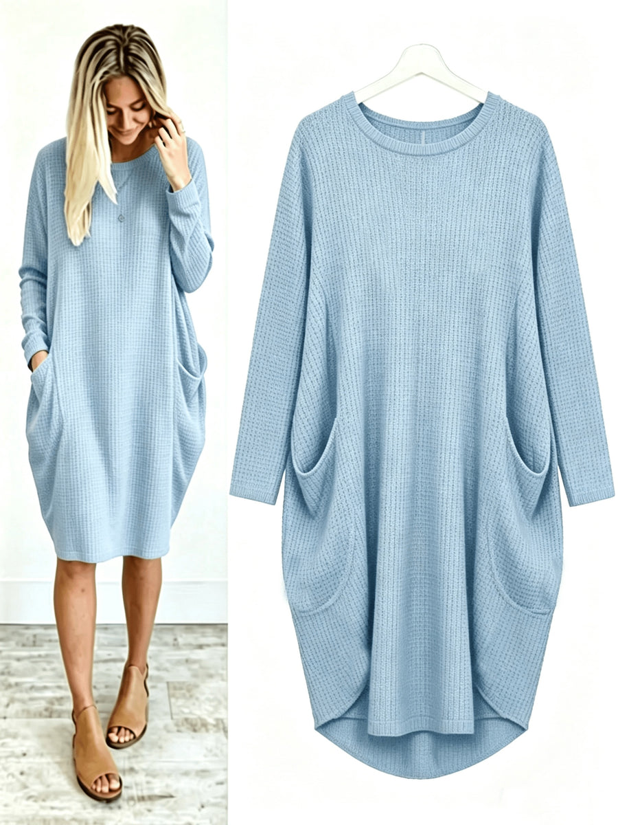 Plus Size - Beautiful Women'S Plus Size Round Neck Loose Long Sleeve Solid Waffle Dress with Pockets - Sky Blue
