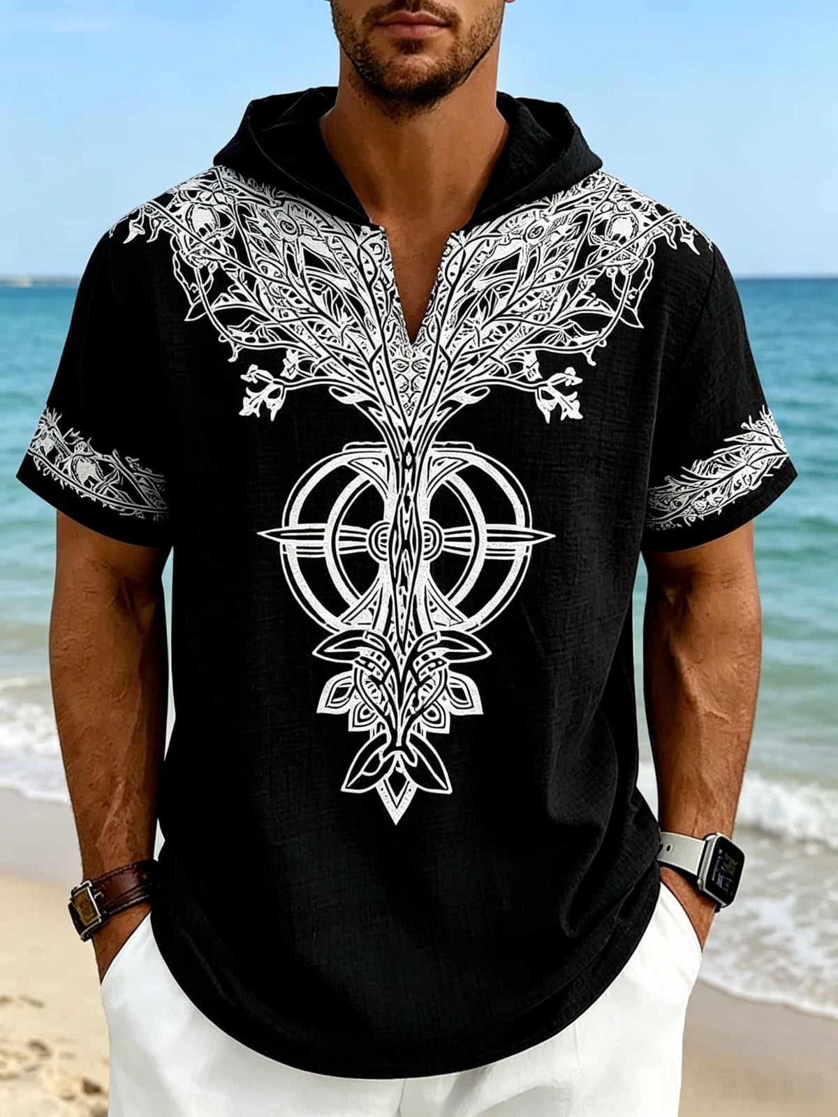 Men's Tree of Life Hooded T-Shirt - European & American Streetwear Style Short-Sleeve Top with Hood, Tree of Life Print, Machine Washable Regular Fit Casual Shirt Suitable for Casual Attire, Brand Label - Black
