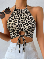 Women'S Leopard Print Hollow-Out Link Design Short Sleeve Top for Summer - Mixed colors
