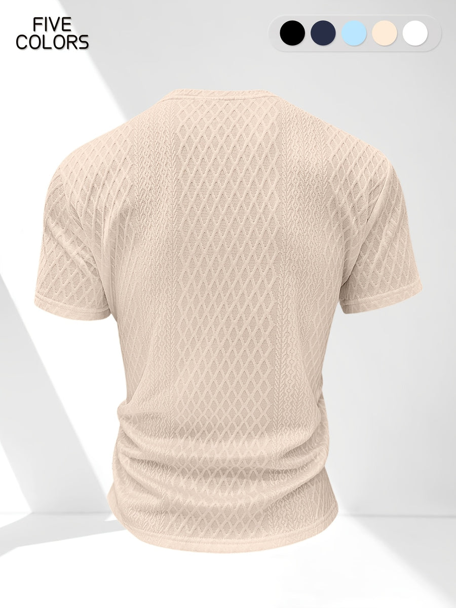 Men'S Summer Casual Premium Textured Solid Round Neck Short Sleeve, Comfortable Breathable Textured Fabric T-Shirt, Suitable for Outdoor Vacation And Daily Wear - Apricot