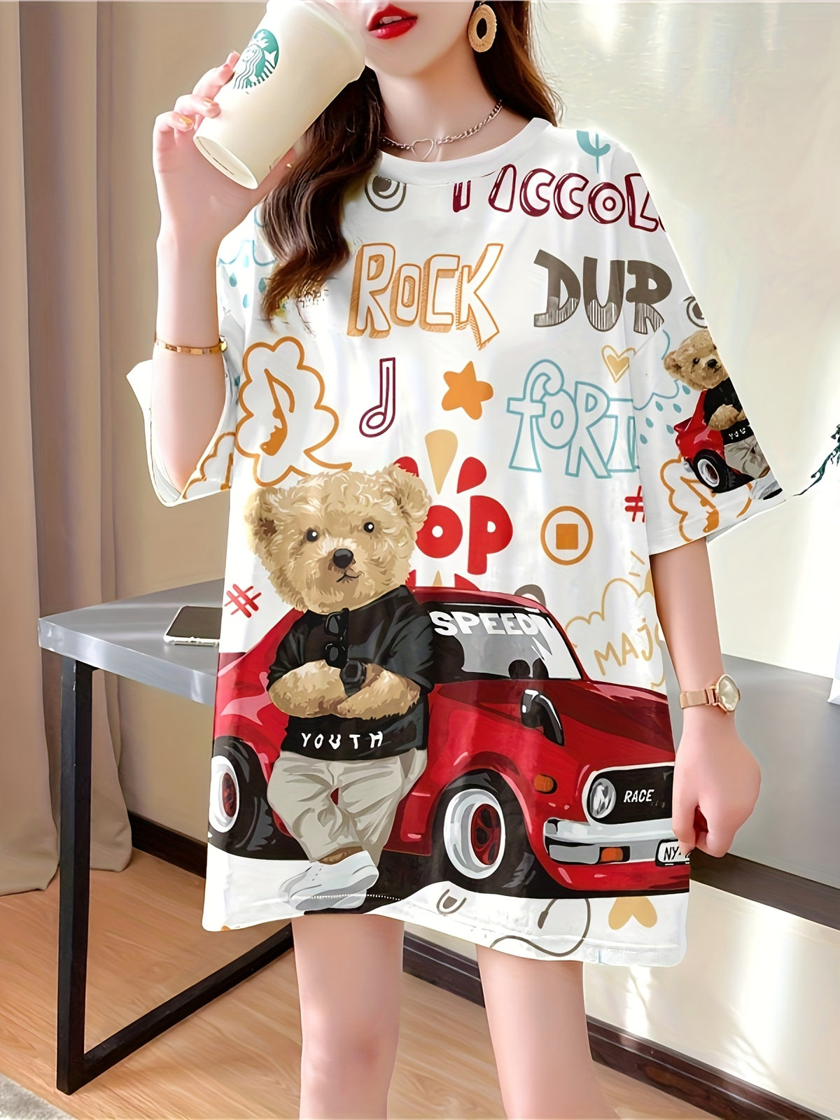 Summer New Large Size Loose Fashion Trend Slim Cartoon Round Neck Print Ladies Women's Medium and Long Short-sleeved T-shirt Clothes - K171-W