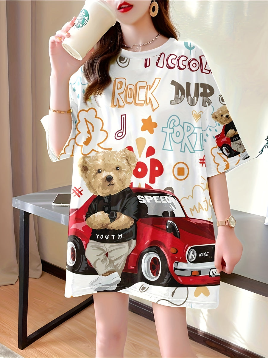 Summer New Large Size Loose Fashion Trend Slim Cartoon Round Neck Print Ladies Women's Medium and Long Short-sleeved T-shirt Clothes - K171-W