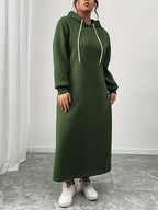 Plus Size - Women'S Autumn And Winter New Style Plus Velvet Thickened Sweatshirt Dress, Women'S Over-The-Knee Long Loose Hooded Dress - Green