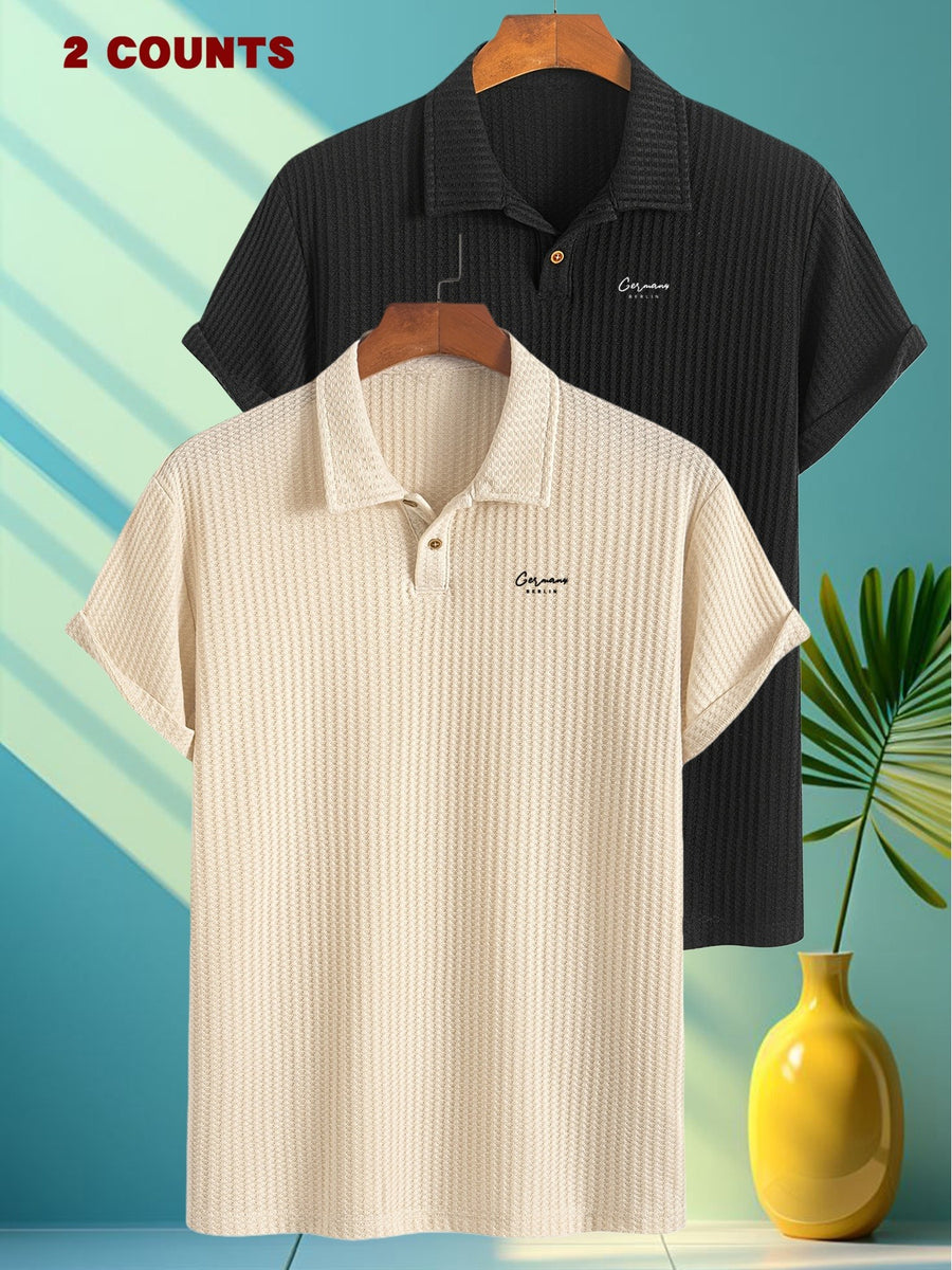FM350 Crown And Ten Print Pattern 2pcs Set Summer Men'S Textured Jacquard Short-Sleeved POLO Shirt Comfortable Casual Soft Knitted Lapel Daily Business Top Gift - Khaki + Black