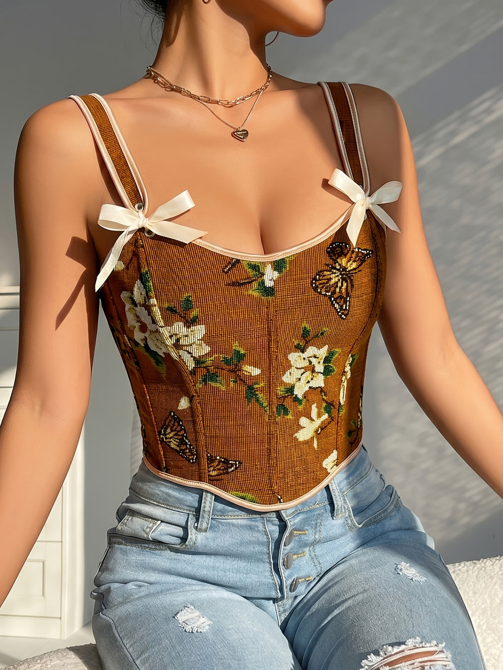 French-Style Court Bow Tie Lace-Up Floral Print Vintage Oil Painting Bodice Ball Gown Women's Camisole Printed Slim Fit Vest Corset Top for Outerwear - Light Brown-1
