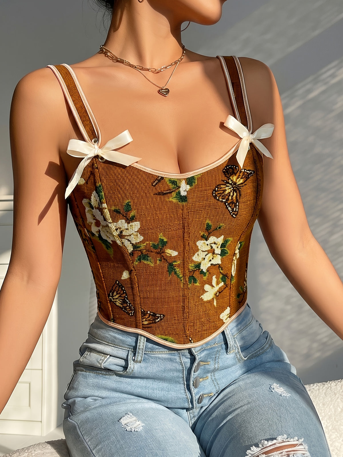 French-Style Court Bow Tie Lace-Up Floral Print Vintage Oil Painting Bodice Ball Gown Women's Camisole Printed Slim Fit Vest Corset Top for Outerwear - Light Brown-1