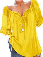 Bohemian Style V-Neck Lace Blouse with Drawstring, Loose Flared Sleeve Breathable Top - Bright Yellow