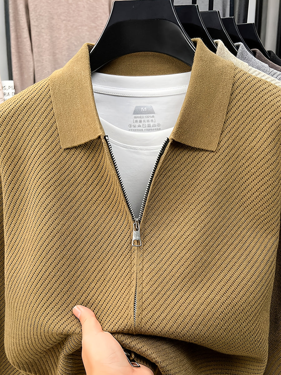 Men's Lapel Zipper Twill Knit Cardigan, Featuring a Classic Small Lapel Structure That Distinguishes It from Ordinary Crewneck Sweaters, Exuding a Sharp and Capable Business Aesthetic - SINBOS - Khaki