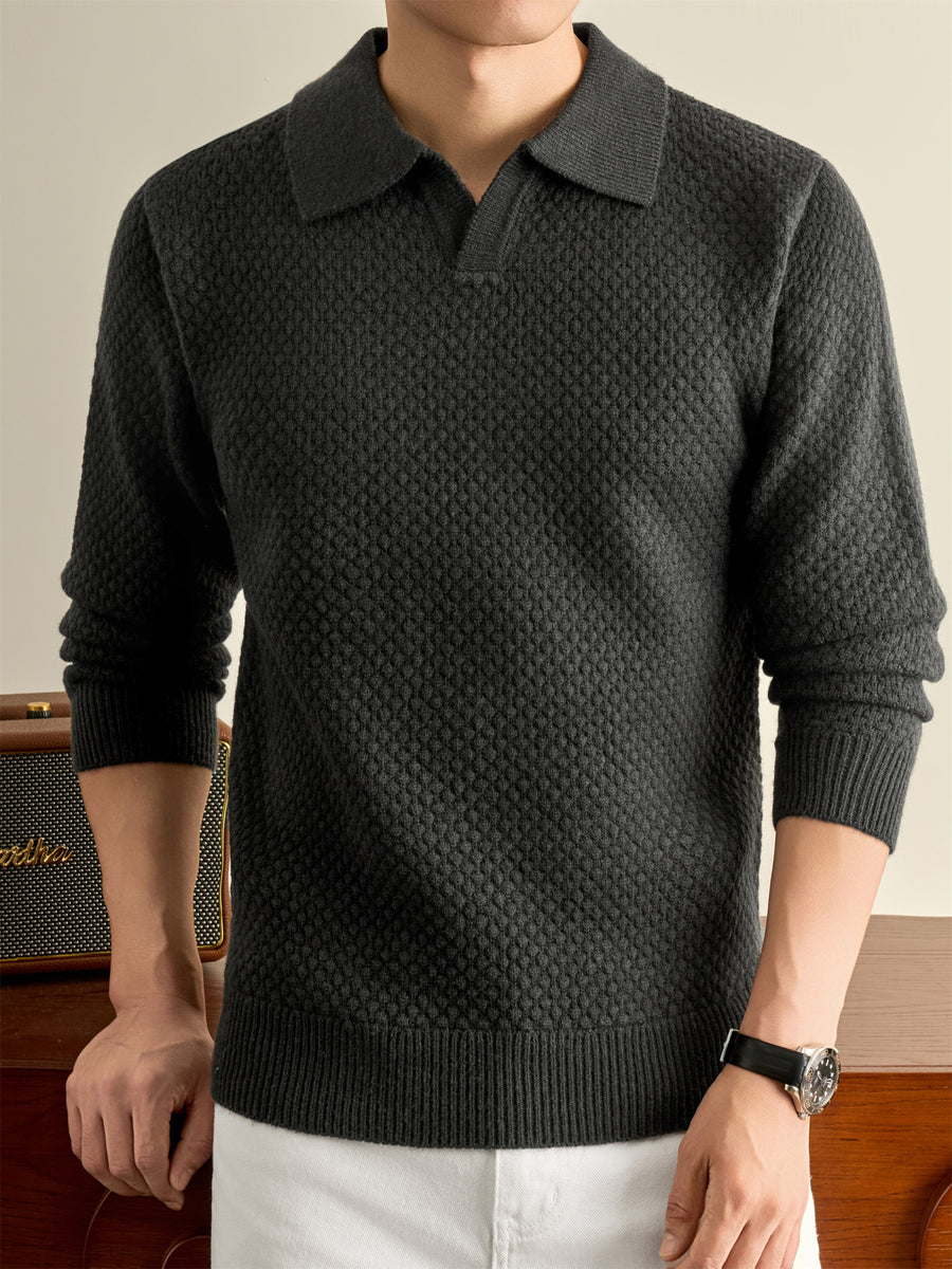 Autumn Winter Knit 3D Solid Color Lapel Polo Sweater, Basic Knit Pullover Top for Men, Fashionable Long Sleeve Sweater, Size S - Gray Green