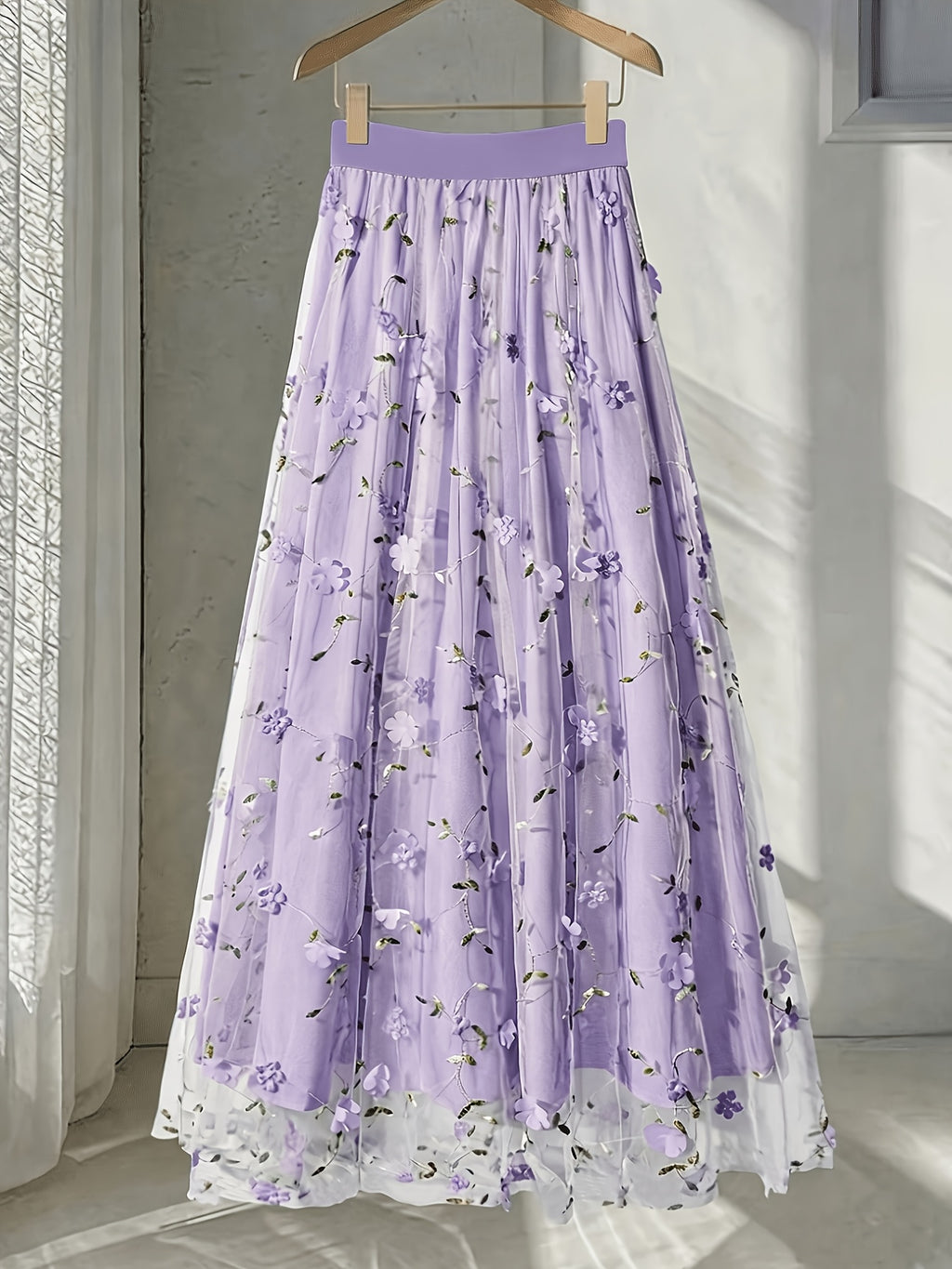Women'S Elegant Spring Summer Embroidered Mesh Floral Appliqué A-Line Vacation Dress, Suitable for Vacation, Dating, Parties, Commuting And Other Occasions - Light Purple
