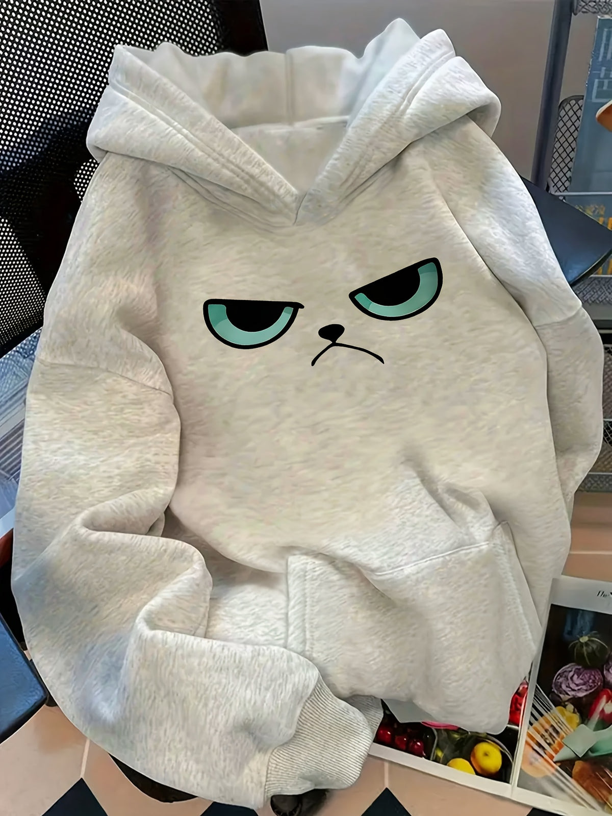 D92 - Women's Hooded Sweatshirt, Trendy Creative Cartoon Glaring Face Expression Print, Beautiful Stylish Loose Fit New Autumn/Winter Style for Daily Commute, Versatile Casual Swear, Women's Apparel, Top Only/No Bottom - QHH4902 - White Flower Gray