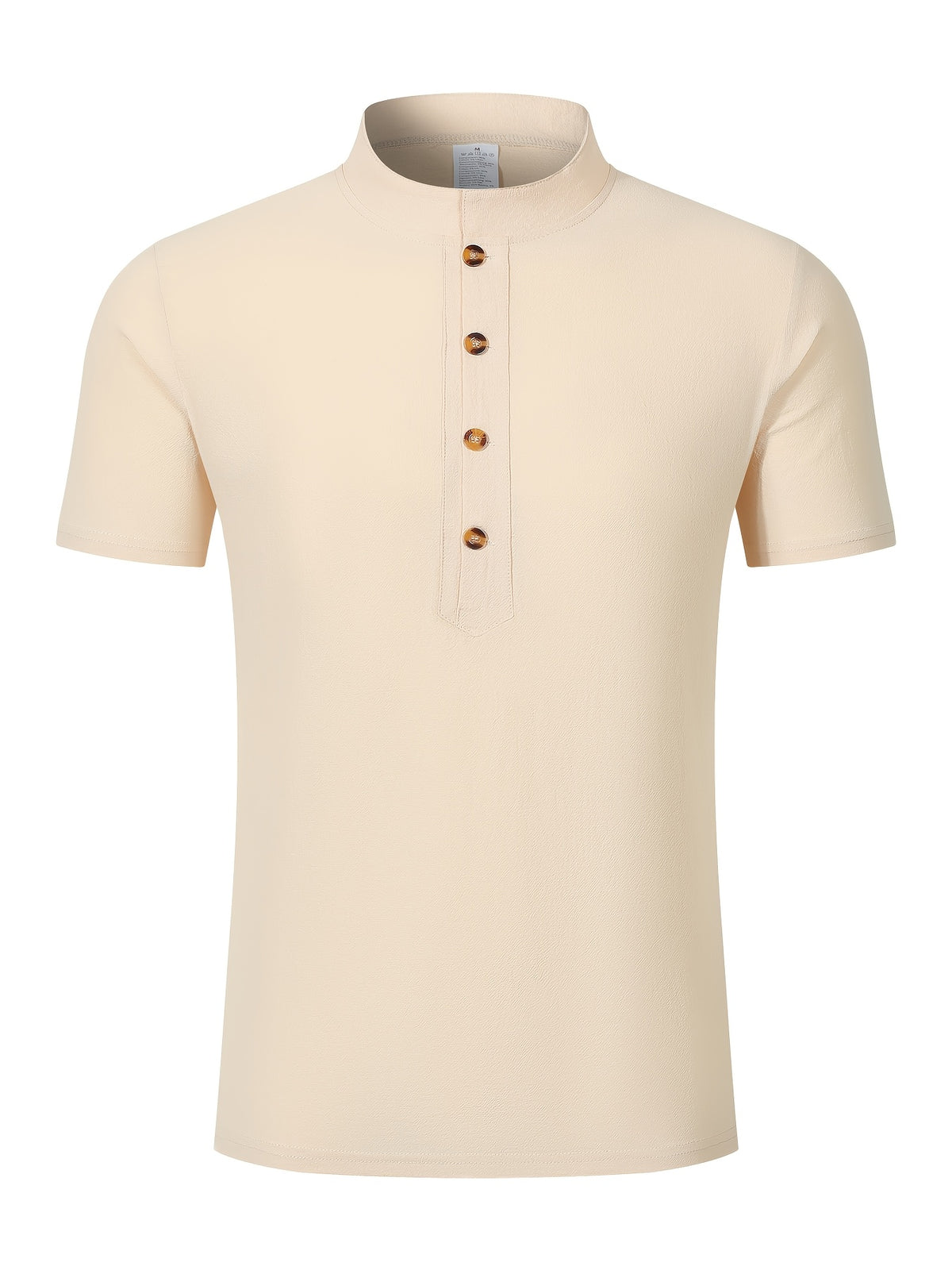 Men'S Mandarin Collar Short Sleeve T-Shirt, Stand-Up Collar Half-Open Placket Button-Up Top, Casual Loose All-Match Base Layer, Daily Streetwear - Khaki