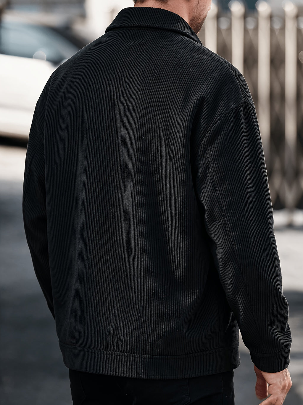 Men's American-style Corduroy Casual Jacket, Simple Casual Style, Lapel Collar, Single-Breasted with Multiple Pockets, Letter Embellishment, Comfortable Draping Fabric, Versatile Men's Apparel for Office Workers' Commuting and Outings in Spring - Black