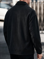 Men's American-style Corduroy Casual Jacket, Simple Casual Style, Lapel Collar, Single-Breasted with Multiple Pockets, Letter Embellishment, Comfortable Draping Fabric, Versatile Men's Apparel for Office Workers' Commuting and Outings in Spring - Black