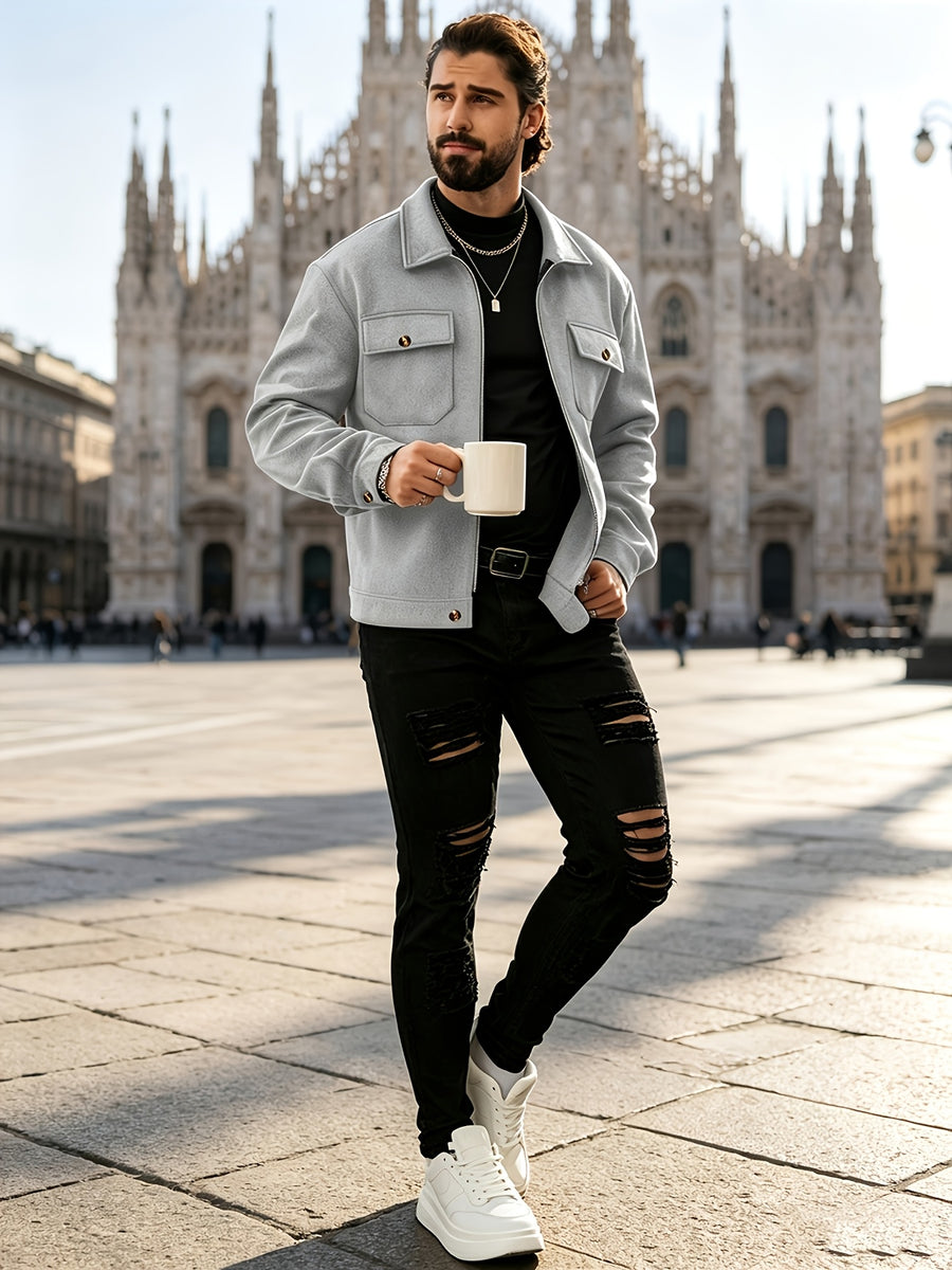 Men's Lapel Workwear Blend Jacket with Metal Zipper Pocket Accents, Casual Vintage Cropped Top - Grey