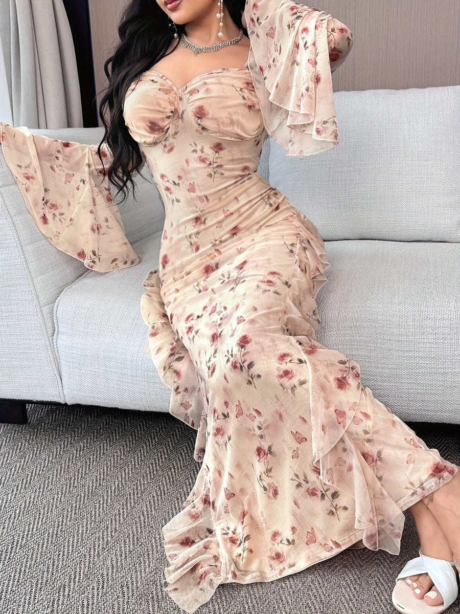 Spring/Summer Women's Lace Dress, Romantic Floral Ruffle Hem, Wedding Date Square Neckline Nude Pink Lace Long Dress WJ485 - Multicolor