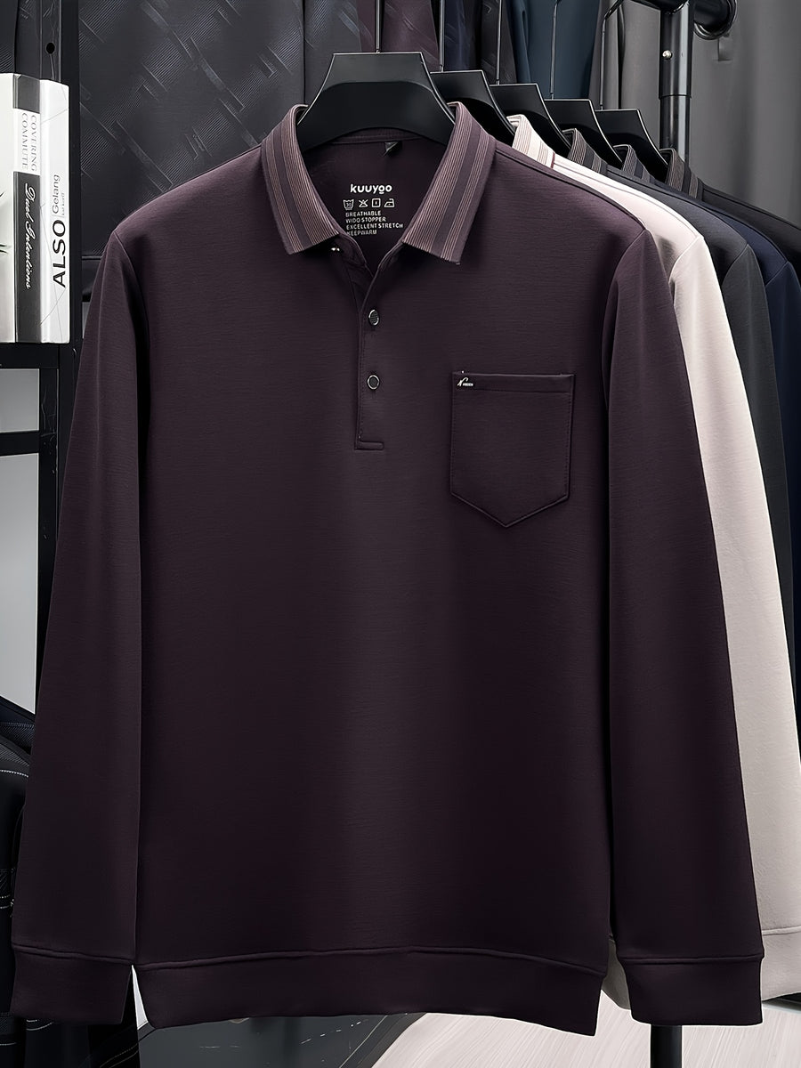 Men's Multi-Color Contrast Lapel Long-Sleeve Polo Shirt, Business Pullover Top with Real Pockets, Skin-Friendly and Breathable, Suitable for Business Commuting, Business Trips, Parties, Daily Home Wear, and Casual Base Layers - Fuchsia