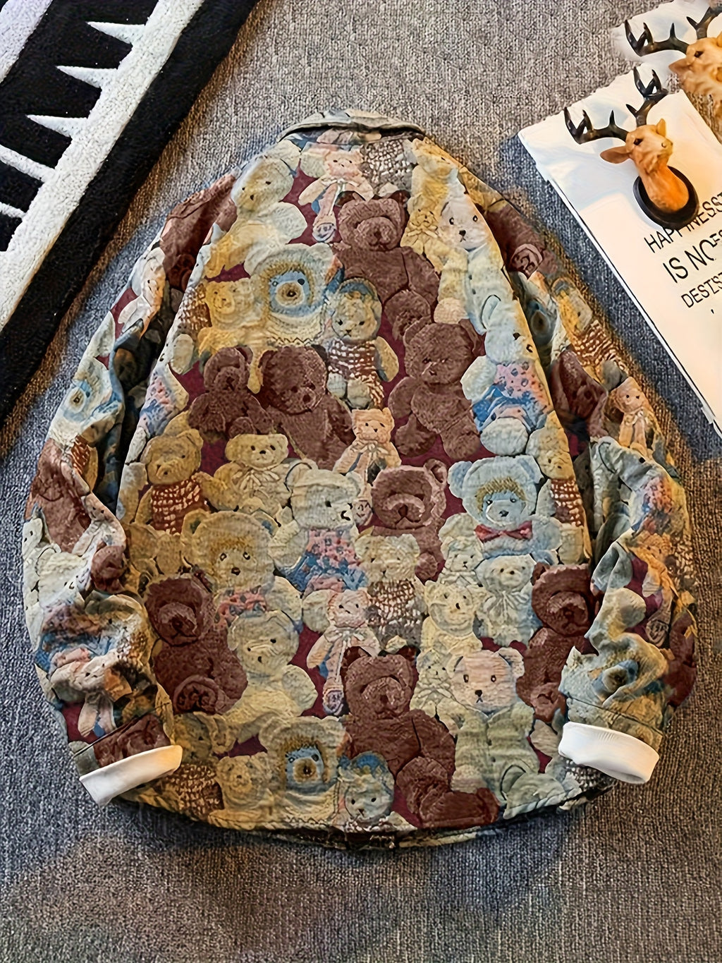 Men'S American Retro All-Over Floral Woven Teddy Bear Shirt Jacket, Men'S Autumn Premium Trendy Brand Bad Boy Influencer Casual Shirt - Brick Red