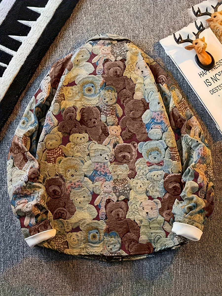 Men'S American Retro All-Over Floral Woven Teddy Bear Shirt Jacket, Men'S Autumn Premium Trendy Brand Bad Boy Influencer Casual Shirt - Brick Red
