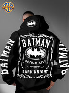 Warner Bros. Authorized American Cool Batman Retro Border Printed Hooded Sweatshirt with Adjustable Drawstring, Comfortable And Warm, Fashionable And Versatile Men'S Casual Sweatshirt, Suitable for Autumn And Winter Wear - Black