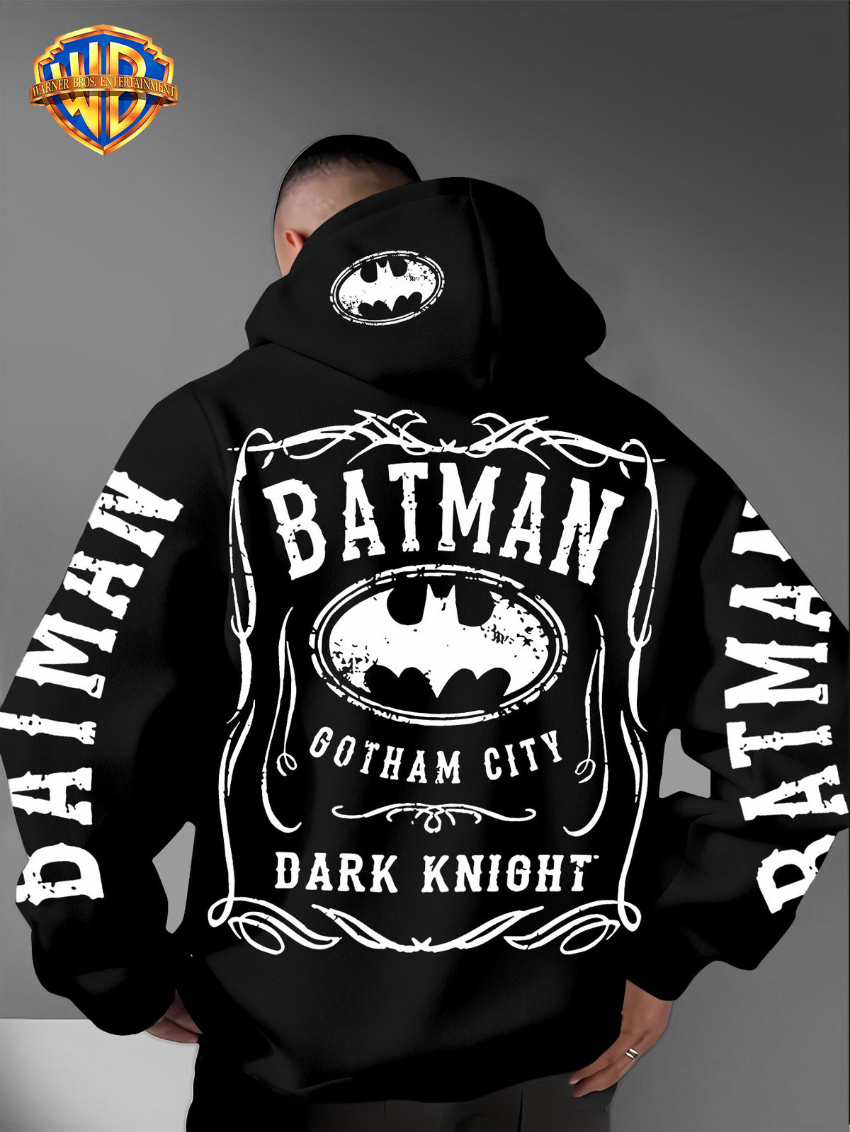 Warner Bros. Authorized American Cool Batman Retro Border Printed Hooded Sweatshirt with Adjustable Drawstring, Comfortable And Warm, Fashionable And Versatile Men'S Casual Sweatshirt, Suitable for Autumn And Winter Wear - Black