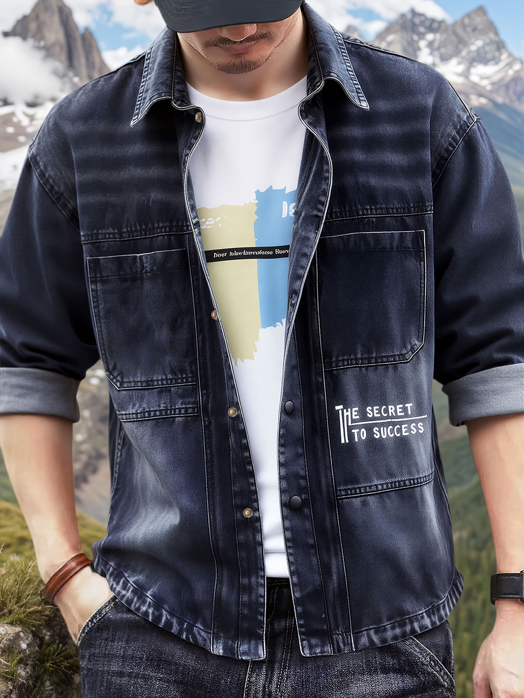 Men's Casual Denim Shirt, Spring and Autumn Fashion Denim Jacket, Blue Washed Denim Shirt, Collegiate Style, Adult Sizes - Peacock Blue
