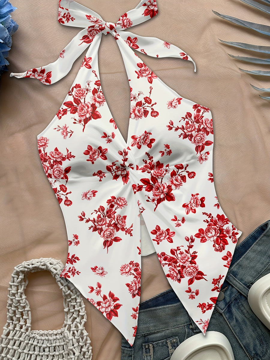 Women'S Spring/Summer Fall Boho Beach Vacation Outfits Marine Floral Leopard Print Trim Bustier Slim Fit Camisole Halter Top, Y2K Vintage Concert Outfit - Orange red