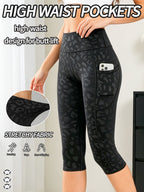 2026 Black Leopard Print Capri Leggings Women'S High-Waist Butt-Lifting Phone Pocket Tight Short Pants Quick-Dry Riding Tights - Black