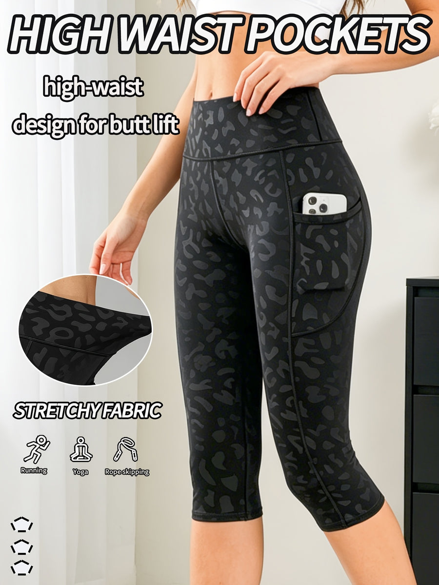 2026 Black Leopard Print Capri Leggings Women'S High-Waist Butt-Lifting Phone Pocket Tight Short Pants Quick-Dry Riding Tights - Black