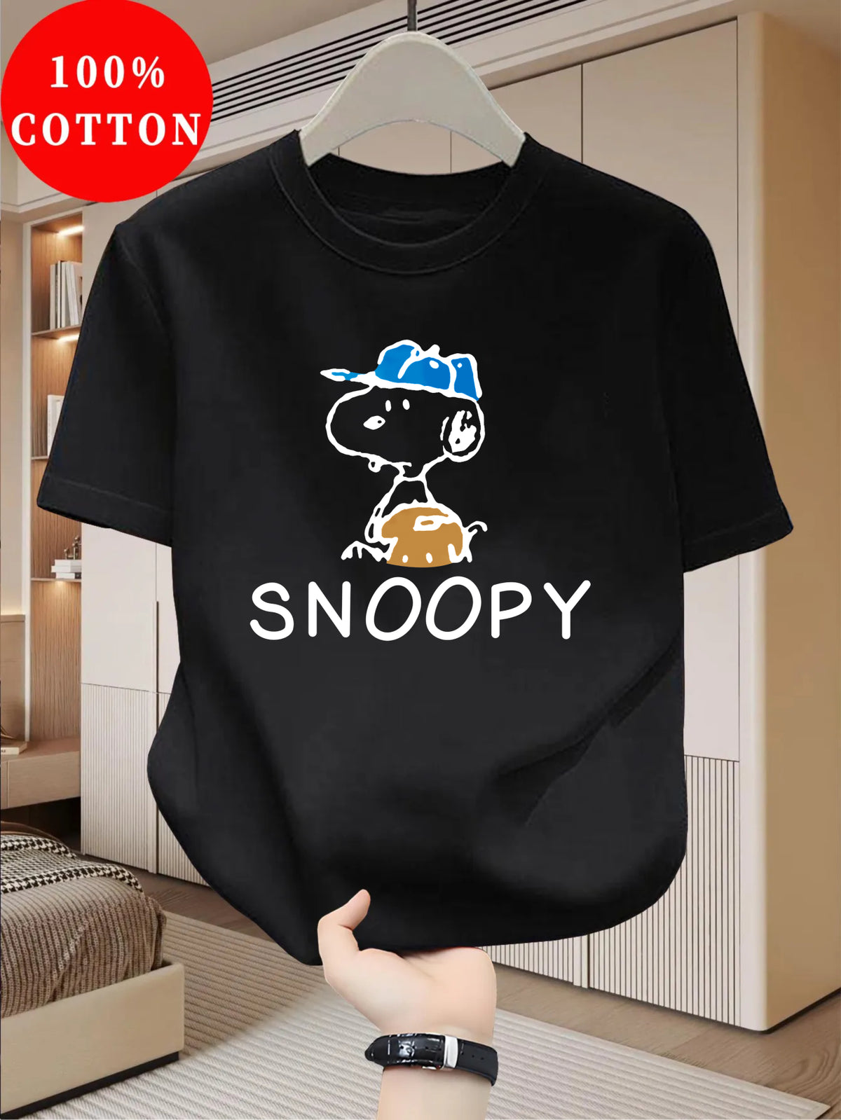 100% Cotton Men's T-Shirt, Summer Short Sleeve Thin Top, Trendy Fashion Slim Fit Breathable Casual Daily Versatile  Cartoon Pattern Letter Print, Stylish Elegant Personality Fun - Black