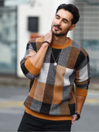 Men'S Casual Color-Block Checkered Design Loose Knit Pullover, Trendy Blocked Long Sleeve Round Neck Sweater, Suitable for Fall Winter Wear, Fashion Statement Piece - Orange