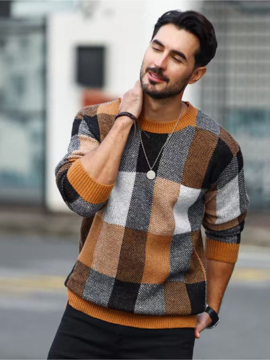 Men'S Casual Color-Block Checkered Design Loose Knit Pullover, Trendy Blocked Long Sleeve Round Neck Sweater, Suitable for Fall Winter Wear, Fashion Statement Piece - Orange