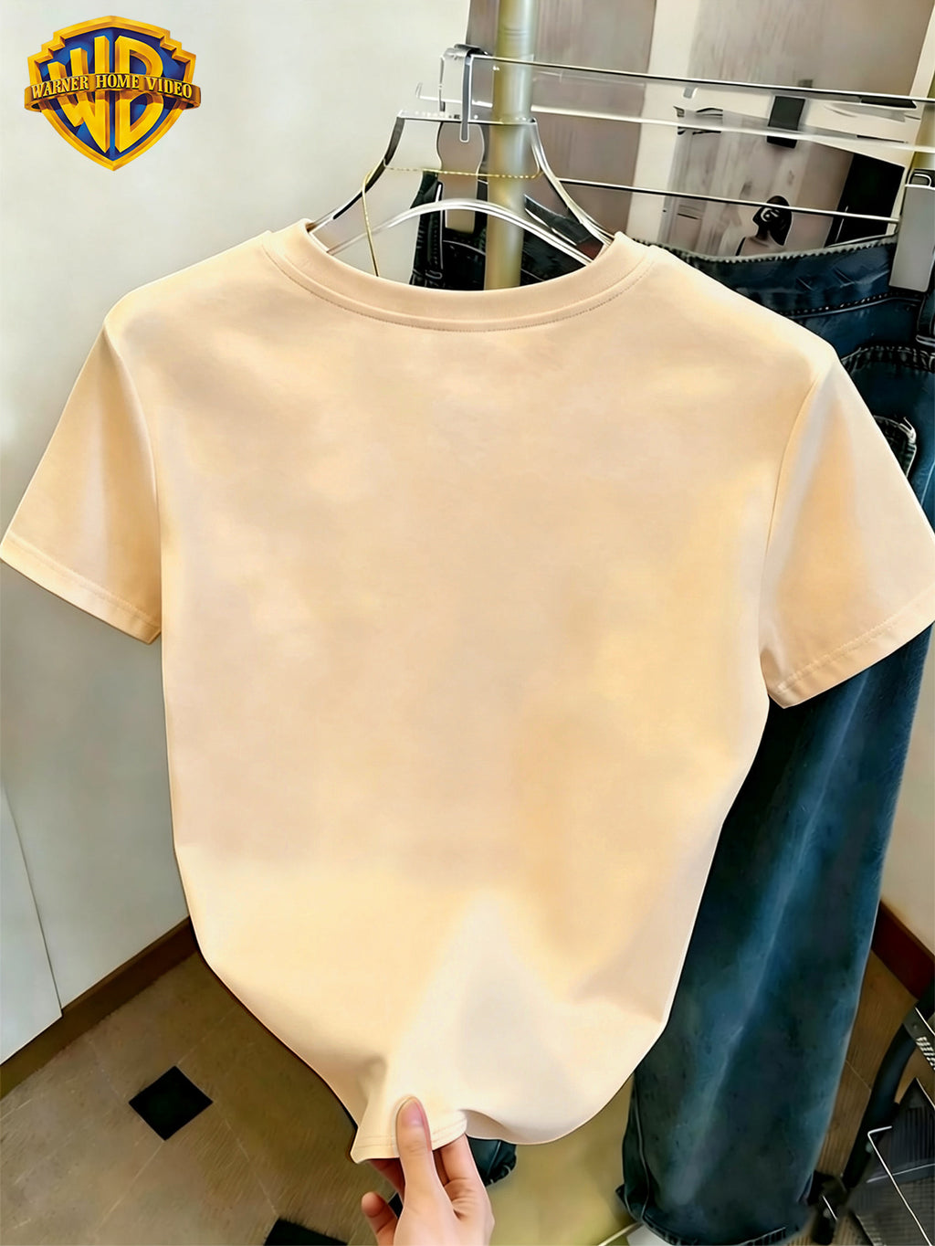 WB Women's Officially Licensed. Mouse & Hearts T-Shirt - Cute Mouse Sketch Short Sleeve Crew Neck Top with Double Heart Cuff Decorations, Casual Summer Suitable for Daily Commute, Home Wear, & Office Outfits - Apricot