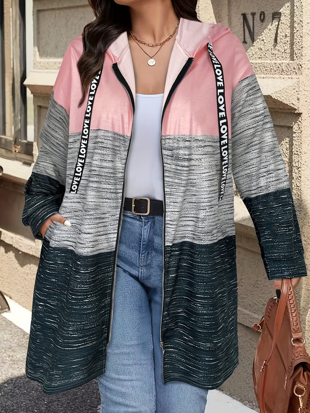 Plus Size, Cross-border Autumn/winter New Color-block Printed Letter Drawstring Hooded Long-sleeve Pocket Women's Plus-size Casual Jacket - Mixed colors