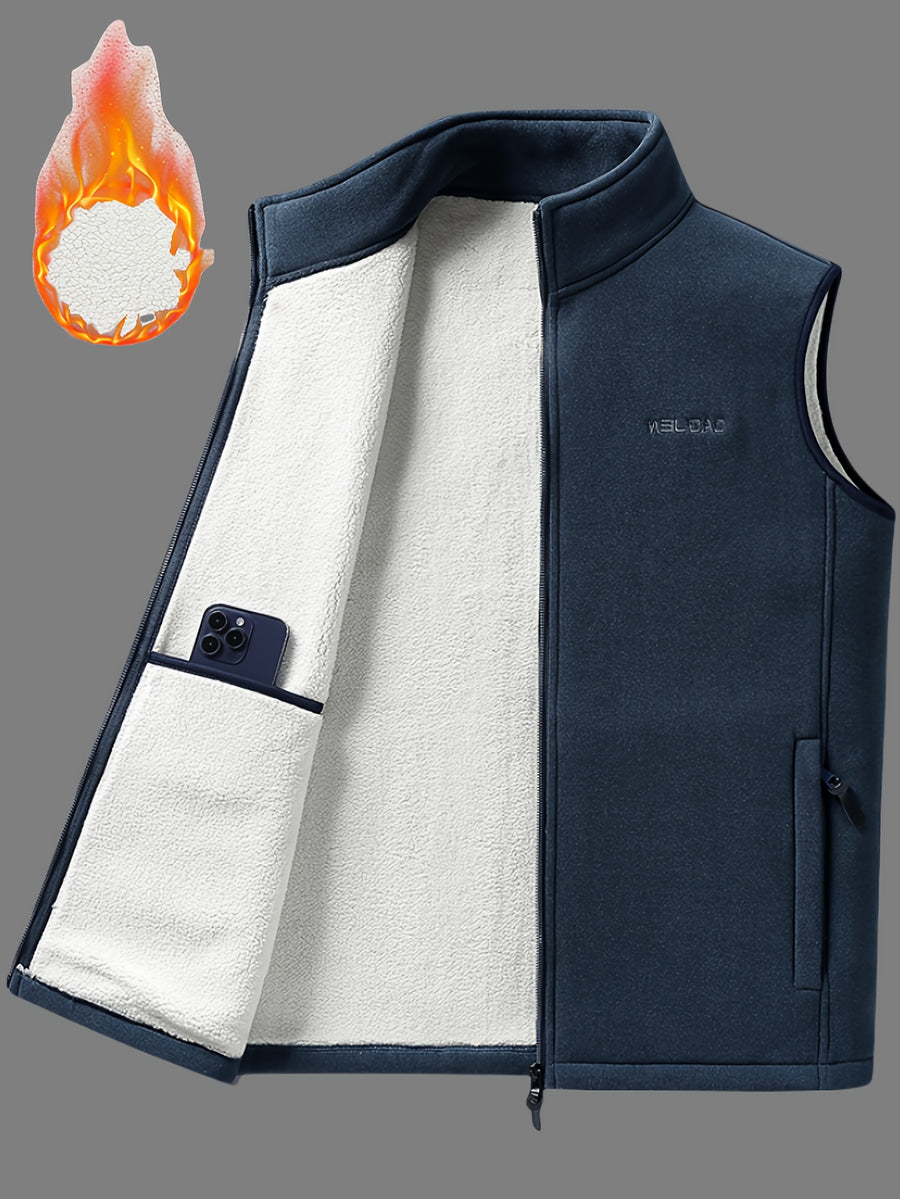 Men's Autumn Winter Casual Fleece-Lined Vest, Thickened Faux Blend Fleece Stand Collar Cardigan Vest for Outdoor and Home Wear, Warm Sleeveless Jacket Vest - Navy Color
