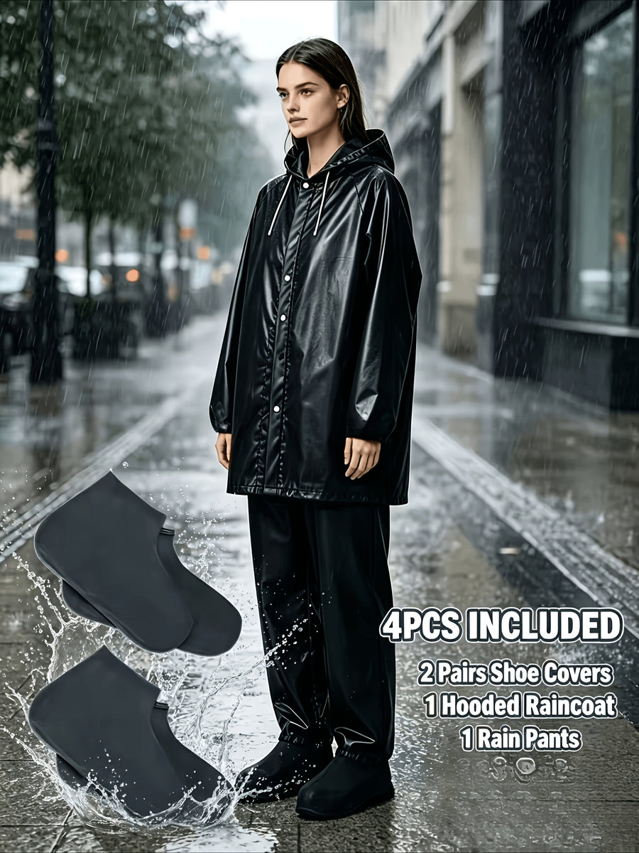 Men's and Women's Rainy Day Set, Black Raincoat + Pants + 2 Pairs of Shoe Covers, High Quality Rain Gear Suitable for Outdoor Camping, Travel, and Rainy Days - Black Raincoat + 2 Pairs of Pants + Shoe Covers