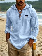 Men's Linen Hooded Top with a Refreshing and Minimalist Vibe. The Garment Features a Simple Streamlined F-symbol Geometric Creative Print, and the Cross-tie V-neck Showcases Design Ingenuity. The Hooded Long-sleeve Style Creates a Relaxed and Natural - Sky Blue