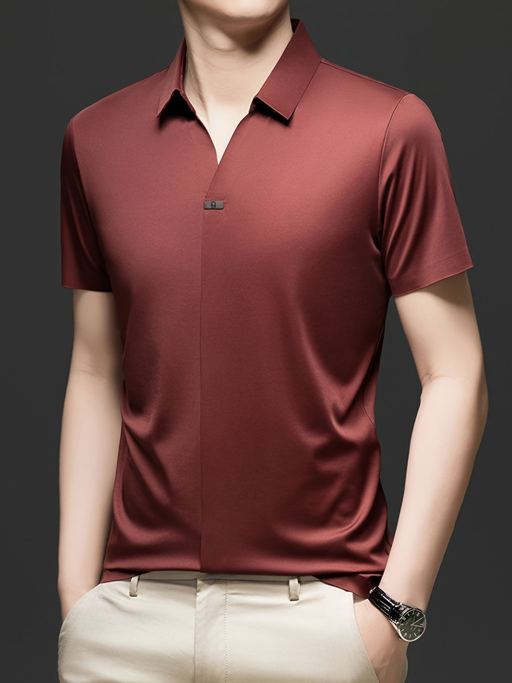 Summer New Men'S Short Sleeve Shirt Outerwear Fashion Trendy All-Match V-Neck Polo Collar - SINBOS - Red