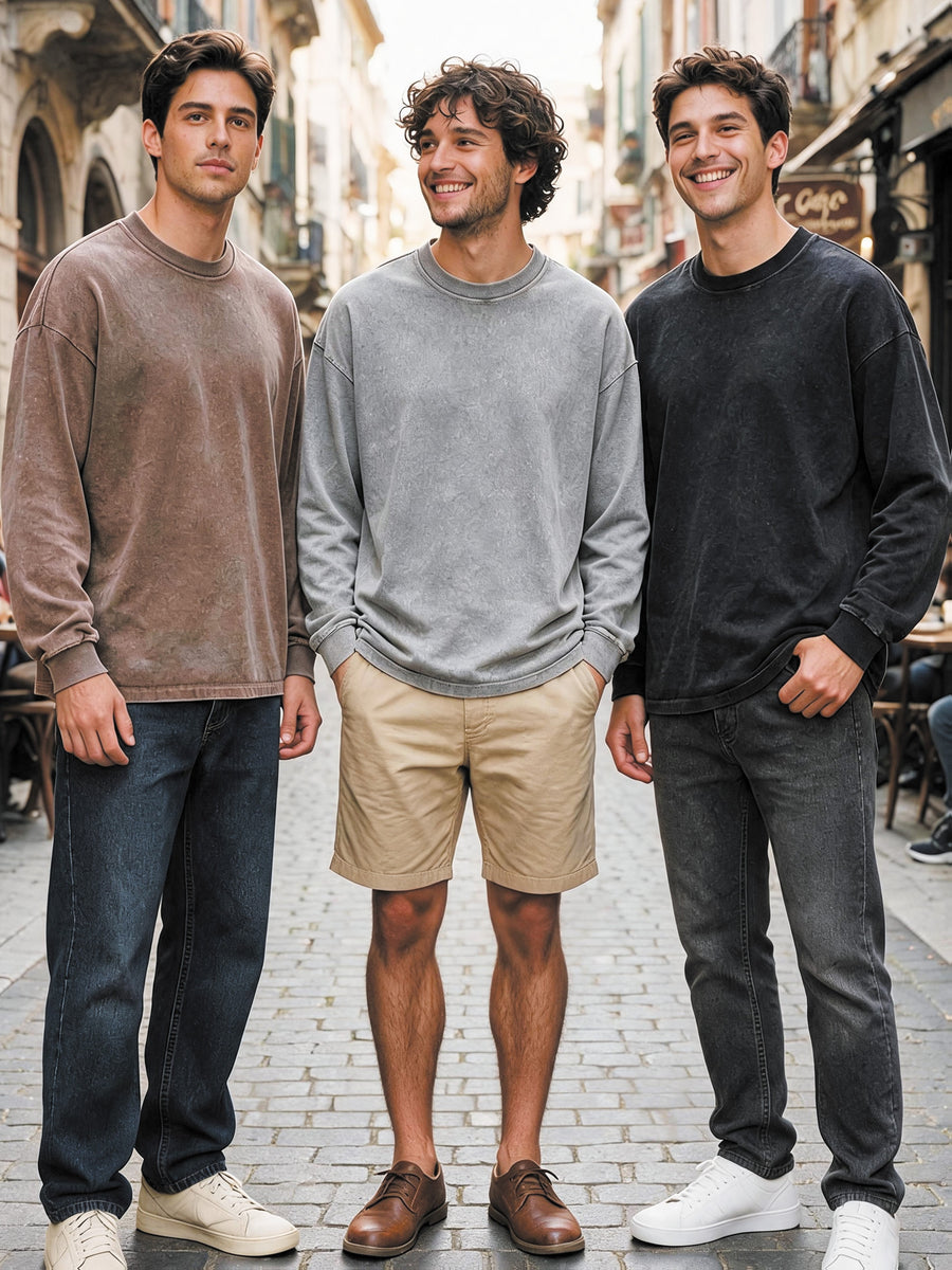 American Retro 3pcs Set Washed Distressed Pure Long Sleeve T-Shirt Loose Casual Unisex Round Neck Base Layer Spring Autumn Couple All-Match Multi-Color Long Sleeve Top - Gray Khaki Black