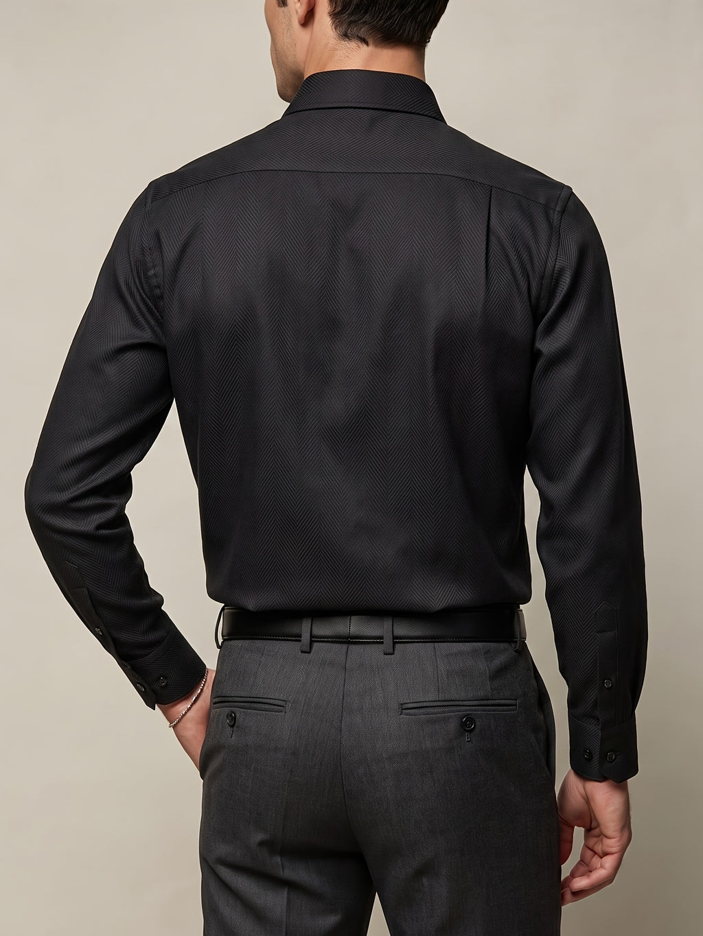 European and American Style Men's Long-Sleeve Shirt, High-End Feel, Casual Business, Wrinkle-Resistant, Single-Spread Collar Top, -Linen Texture, Formal Dress Shirt - Black