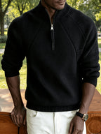 Men's Business Casual Quarter Zip Knit Pullover, Raglan Sleeve Textured Ribbed Trim Slim Fit Sweater for Fall Winter Daily Office & Weekend Outings - Black