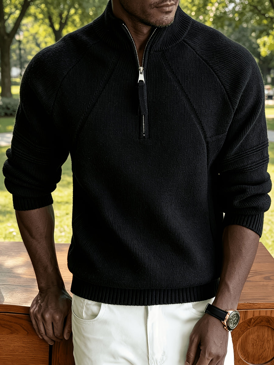 Men's Business Casual Quarter Zip Knit Pullover, Raglan Sleeve Textured Ribbed Trim Slim Fit Sweater for Fall Winter Daily Office & Weekend Outings - Black
