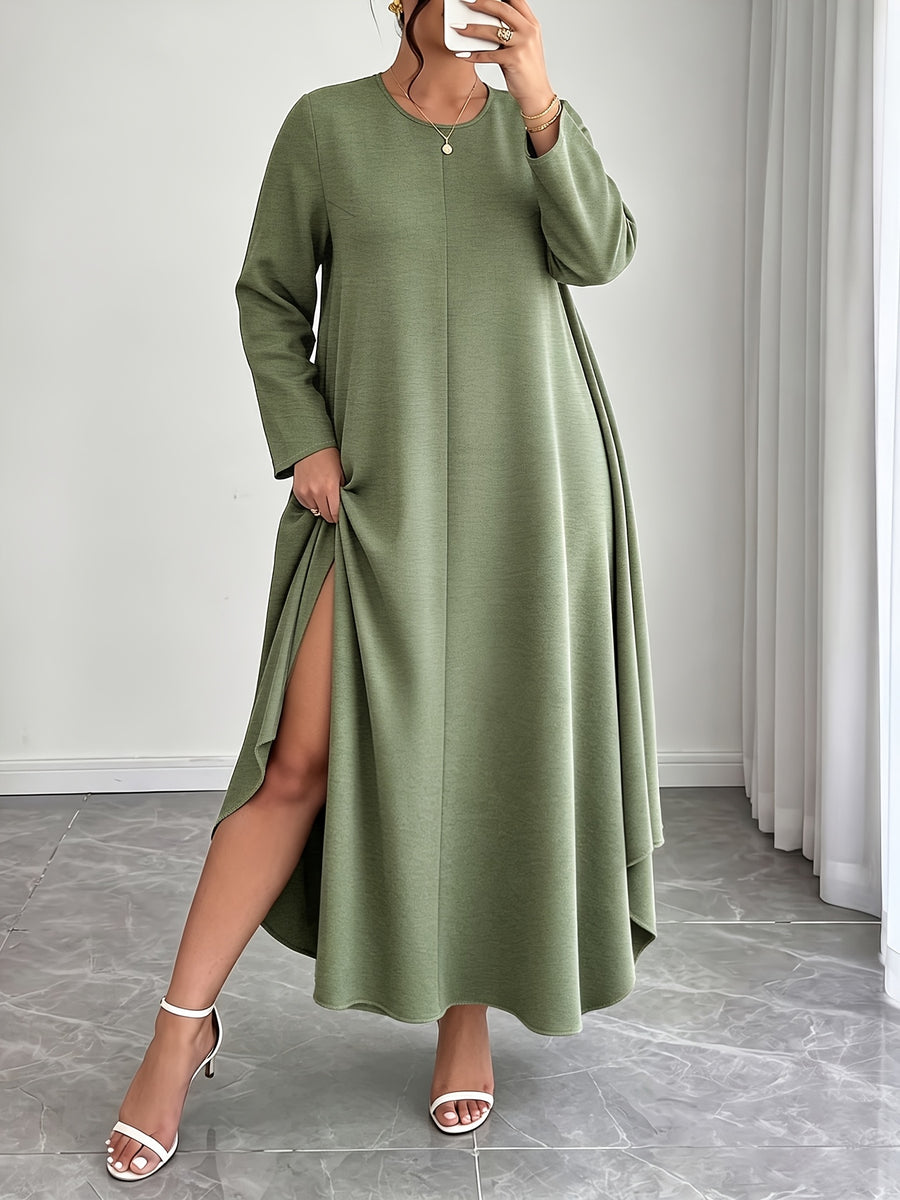 Plus Size Waist-Cinching Tie-String Irregular Long Dress, Easy Retro Style Casual Commute Loose Ladies Dress - Green